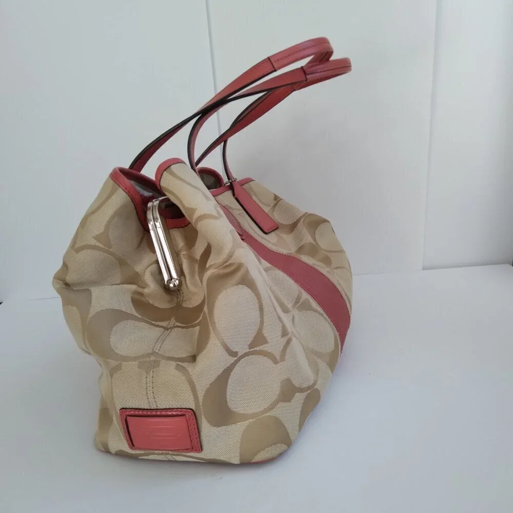 Coach Signature Stripe Kiss Lock Coral & Beige Frame Carryall Bag